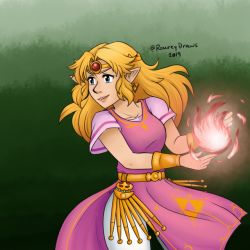 Rule 34 | 1girl, blonde hair, blue eyes, breasts, cadence of hyrule, crypt of the necrodancer, dress, earrings, elf, fire, grin, jewelry, long hair, magic, nintendo, pink dress, pointy ears, princess zelda, smile, solo, standing, the legend of zelda, thighs, triforce