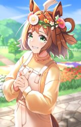 1girl absurdres ahoge animal_ears blurry blurry_background blush breasts brown_hair commentary_request field flower flower_field green_eyes hair_ornament head_wreath highres horse_ears horse_girl jewelry looking_at_viewer medium_breasts necklace own_hands_together rhein_kraft_(umamusume) solo star_(symbol) star_hair_ornament tpicm umamusume