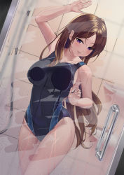 Rule 34 | 1girl, absurdres, against glass, black one-piece swimsuit, breast press, breasts on glass, brown hair, competition swimsuit, condensation, cowboy shot, door, door handle, glass writing, highres, light smile, long hair, looking at viewer, one-piece swimsuit, original, parted lips, purple eyes, shower (place), solo, standing, swimsuit, toumin, window fog
