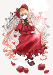 Rule 34 | 1girl, blonde hair, blue eyes, bonnet, cape, cup, dress, flower, full body, highres, holding, holding cup, holding saucer, long hair, parted lips, petals, pine (pineapple5459), red cape, red dress, red flower, red rose, ringlets, rose, rozen maiden, saucer, shinku, solo, teacup, twintails, very long hair