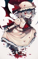 Rule 34 | 1girl, bat wings, blue hair, bow, dress, fang, frilled shirt, frilled shirt collar, frilled sleeves, frills, hat, hat ribbon, highres, mob cap, pink dress, puffy short sleeves, puffy sleeves, red bow, red eyes, red ribbon, remilia scarlet, ribbon, ribbon trim, sakuratsuki, shirt, short hair, short sleeves, smile, solo, touhou, vampire, white background, wings