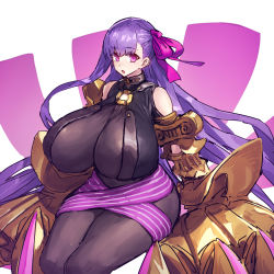 Rule 34 | 1girl, breasts, claw (weapon), claws, collar, fate/extra, fate/extra ccc, fate/grand order, fate (series), gigantic breasts, hair ribbon, highres, legs together, long hair, looking at viewer, melon22, pantyhose, passionlip (fate), pink ribbon, purple hair, ribbon, sitting, solo, talons, thighs, weapon, white background