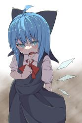 Rule 34 | 1girl, ahoge, arm behind back, blue dress, blue eyes, blue hair, bow, bowtie, cirno, clothes pull, collared shirt, dress, fang, hair bow, highres, ice, ice wings, kae karee, looking at viewer, melting, open mouth, pinafore dress, pulled by self, red bow, red bowtie, shirt, short hair, short sleeves, simple background, sleeveless dress, solo, standing, touhou, white background, white shirt, wings