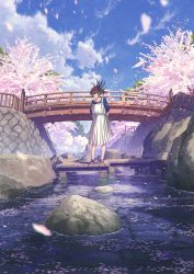 Rule 34 | 1girl, arms behind back, blue shirt, blue sky, bridge, brown footwear, brown hair, cherry blossoms, closed mouth, cloud, commentary request, day, dress, closed eyes, facing viewer, floating hair, flower, highres, mocha (cotton), original, outdoors, petals, petals on liquid, pink flower, puffy short sleeves, puffy sleeves, railing, river, rock, scenery, shirt, shoes, short sleeves, sky, sleeveless, sleeveless dress, smile, solo, spring (season), standing, tree, water, water wheel, white dress, wooden bridge
