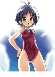 Rule 34 | 00s, 1girl, :o, aida takanobu, antenna hair, bad id, blush, competition swimsuit, covered navel, cowboy shot, embarrassed, female focus, from below, gluteal fold, goggles, goggles around neck, green eyes, hand on own hip, idolmaster, idolmaster (classic), idolmaster 1, kikuchi makoto, looking at viewer, looking down, one-piece swimsuit, open mouth, purple hair, purple one-piece swimsuit, single vertical stripe, solo, swimsuit, wet, wet clothes, wet swimsuit