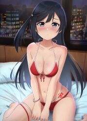 Rule 34 | 1girl, bed, bikini, black hair, blush, breasts, building, cleavage, closed mouth, collarbone, dot mouth, grey eyes, indoors, large breasts, long hair, looking at viewer, love live!, love live! nijigasaki high school idol club, navel, on bed, one side up, red bikini, satolive20, sitting, solo, stomach, swimsuit, wariza, yuki setsuna (love live!)