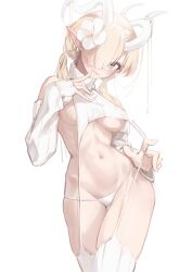 Rule 34 | 1girl, absurdres, blonde hair, blush, breasts, cameltoe, commentary, completion time, curled horns, detached sleeves, english commentary, finger to mouth, garter straps, hair over one eye, highres, horns, looking at viewer, low twintails, medium breasts, medium hair, meme attire, navel, no bra, original, p-san (sansin), panties, pointy ears, pulled by self, revealing clothes, ribbed sleeves, ribbed thighhighs, sideboob, sleeves past wrists, solo, strap pull, thigh gap, thighhighs, turtleneck, twintails, underboob, underwear, virgin destroyer sweater, white background, white garter straps, white horns, white panties, white thighhighs, yellow eyes