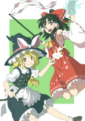 Rule 34 | 2girls, apron, ascot, bare shoulders, between fingers, black footwear, black hair, black headwear, black skirt, black vest, blonde hair, blush, bow, braid, closed mouth, detached sleeves, frilled apron, frilled skirt, frills, hair bow, hair tubes, hakurei reimu, hat, highres, holding, inuno rakugaki, japanese clothes, kirisame marisa, long hair, multiple girls, nontraditional miko, ofuda, ofuda between fingers, open mouth, red bow, red eyes, red skirt, ribbon-trimmed sleeves, ribbon trim, shirt, shoes, short sleeves, sidelocks, single braid, skirt, smile, socks, touhou, unfinished dream of all living ghost, vest, waist apron, white apron, white shirt, white sleeves, white socks, wide sleeves, witch hat, yellow ascot