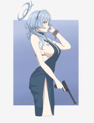 Rule 34 | 1girl, absurdres, ako (blue archive), ako (dress) (blue archive), arm up, backless dress, backless outfit, blue archive, blue dress, blue eyes, blue hair, blue halo, breasts, cuffs, dress, gun, halo, highres, jewelry, large breasts, simple background, solo, soutou nagi, weapon