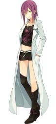 Rule 34 | 10s, 1girl, ao no kanata no four rhythm, asymmetrical legwear, belt, black shorts, black thighhighs, collarbone, full body, hair between eyes, hand in pocket, jewelry, kagami aoi, lab coat, legs, long hair, looking at viewer, midriff, navel, necklace, purple hair, shoes, short shorts, shorts, solo, standing, thighhighs, transparent background, uneven legwear, white background, yellow eyes