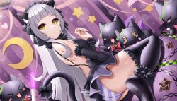 Rule 34 | 1girl, absurdres, animal ears, ass, backless dress, backless outfit, blunt bangs, bow, breasts, cat ears, cat tail, dress, fur trim, grey hair, hair ornament, highres, hololive, long hair, looking at viewer, murasaki shion, murasaki shion (gothic lolita), open mouth, panties, roina (effj7473), shiokko (murasaki shion), small breasts, solo, star (symbol), striped clothes, striped panties, tail, tail bow, tail ornament, thighhighs, thighs, underwear, virtual youtuber, yellow eyes