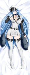 Rule 34 | 1girl, absurdres, akame ga kill!, blue eyes, blue hair, boots, dress, elbow gloves, esdeath, facing viewer, from above, full body, general (kaiser knuckle), gloves, highres, incredibly absurdres, looking at viewer, short dress, smile, solo, tattoo, thigh boots, thighhighs, zettai ryouiki