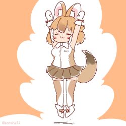 Rule 34 | 1girl, animal ears, arms up, bow, bowtie, brown background, brown hair, coroha, dhole (kemono friends), extra ears, full body, gloves, jumping, kemono friends, looking at viewer, pantyhose, shirt, shoes, short hair, simple background, skirt, sleeveless, sleeveless shirt, solo, tail, wolf ears, wolf girl, wolf tail