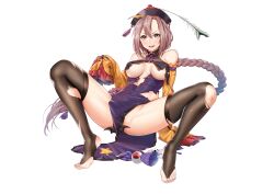 Rule 34 | 1girl, absurdres, bare shoulders, braid, breasts, bridal legwear, brown hair, chinese clothes, dress, feet, full body, girls&#039; frontline, hair between eyes, hat, highres, jiangshi, jiangshi costume, large breasts, legs, lightning 22, long hair, looking at viewer, mole, mole under eye, no shoes, official alternate costume, purple dress, qingdai guanmao, simple background, single braid, sleeves past fingers, sleeves past wrists, smile, solo, spread legs, squatting, stirrup legwear, thighhighs, toeless legwear, toenails, toes, torn clothes, type 97 shotgun (girls&#039; frontline), type 97 shotgun (ingenious stratagem no.97) (girls&#039; frontline), underboob, very long hair, white background