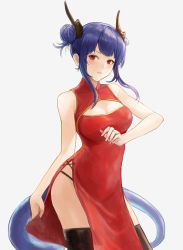 Rule 34 | 1girl, absurdres, ahong, arknights, bare arms, bare shoulders, black thighhighs, blue hair, breasts, ch&#039;en (ageless afterglow) (arknights), ch&#039;en (arknights), china dress, chinese clothes, chinese commentary, cleavage, cleavage cutout, clothing cutout, commentary request, cowboy shot, double bun, dragon horns, dragon tail, dress, grey background, hair bun, highres, horns, long hair, medium breasts, official alternate costume, red dress, red eyes, sidelocks, simple background, sleeveless, sleeveless dress, solo, standing, tail, thighhighs