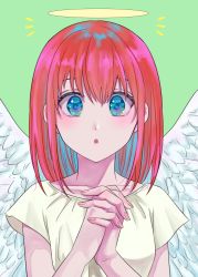 Rule 34 | 1girl, :o, absurdres, angel, blue eyes, feathered wings, gintama, green background, halo, highres, interlocked fingers, kagura (gintama), kuroneko w1nter, looking at viewer, nail polish, own hands together, pink nails, red hair, shirt, short hair, solo, upper body, white shirt, wings