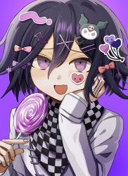 Rule 34 | 1boy, :d, absurdres, black hair, blush, candy, checkered clothes, checkered scarf, danganronpa (series), danganronpa v3: killing harmony, fang, food, grey jacket, hair between eyes, hair ornament, hairclip, hand up, heart stickers, highres, holding, holding candy, holding food, holding lollipop, jacket, kayupon, kuromi, lollipop, looking at viewer, male focus, medium hair, oma kokichi, open mouth, pink background, sanrio, scarf, simple background, skin fang, sleeves past wrists, smile, solo, sticker on face, upper body, x hair ornament