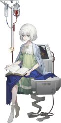Rule 34 | 1girl, bandaged hand, bandages, bandaid, blue coat, book, closed mouth, coat, coat on shoulders, cristallo, dress, full body, green dress, green eyes, highres, holding, holding book, intravenous drip, monitor, official art, reverse:1999, short hair, sitting, smile, socks, solo, sparks, syringe, tachi-e, third-party source, transparent background, white hair, white socks