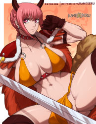 Rule 34 | 1girl, alternate costume, arms behind back, artist name, bare legs, bare shoulders, beast pirates, beast pirates uniform, bra, braid, breasts, chain, chain necklace, cleavage, convenient censoring, curvy, gloves, holding, holding sword, holding weapon, jewelry, kameseru, large breasts, legs up, long hair, looking at viewer, navel, necklace, one piece, pelvic curtain, pink hair, rebecca (one piece), revealing clothes, shiny skin, shoulder pads, simple background, single braid, solo, spread legs, standing, sweat, sword, underwear, uniform, very long hair, weapon, wide hips