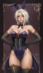 Rule 34 | 1girl, animal ears, armpits, artist name, bare shoulders, bianca (sciamano240), black gloves, black hairband, black ribbon, black thighhighs, blush, breasts, brown background, cleavage, closed mouth, commentary, corset, cowboy shot, crescent, crescent earrings, dark-skinned female, dark skin, detached collar, earrings, elbow gloves, english commentary, facial mark, fake animal ears, gem, gloves, gold trim, groin, hairband, hands on own chest, hands on own hips, highleg, highleg leotard, highres, jewelry, large breasts, leotard, lips, looking at viewer, neck ribbon, original, outside border, purple leotard, rabbit ears, red eyes, red gemstone, ribbon, sciamano240, short hair, signature, silver hair, simple background, solo, strapless, strapless leotard, thigh gap, thighhighs, thighs, waist cape