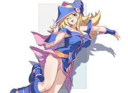 Rule 34 | 1girl, bare shoulders, blonde hair, blue dress, blue footwear, blue hat, blush, boots, breasts, cleavage, dark magician girl, dress, duel monster, hat, highres, huanxiang huifeng, large breasts, long hair, one eye closed, pink skirt, shadow, simple background, skirt, solo, white background, yu-gi-oh!
