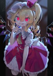Rule 34 | 1girl, ascot, blonde hair, closed mouth, collared shirt, crystal, dated, fingernails, flandre scarlet, gunjou row, hair between eyes, hat, highres, long fingernails, long hair, looking at viewer, mob cap, nail polish, one side up, puffy short sleeves, puffy sleeves, red eyes, red nails, red skirt, red vest, sharp fingernails, shirt, short sleeves, signature, skirt, solo, tongue, tongue out, touhou, vest, white hat, white shirt, wings, yellow ascot