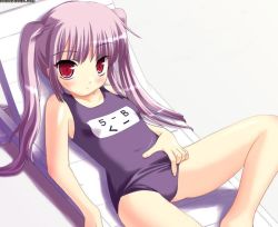 Rule 34 | 1girl, aged down, blush, chair, kooh, legs, lounge chair, lying, one-piece swimsuit, pangya, purple hair, purple theme, red eyes, school swimsuit, solo, swimsuit, twintails, watermark