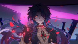 Rule 34 | 1boy, bandages, black coat, black ribbon, blade (honkai: star rail), blue hair, clenched hand, closed mouth, coat, earrings, expressionless, falling petals, flower, hand up, highres, honkai: star rail, honkai (series), jewelry, long hair, looking at viewer, male focus, parted bangs, petals, purple background, red eyes, red flower, ribbon, solo, tassel, tassel earrings, upper body, very long hair, xiaohutu