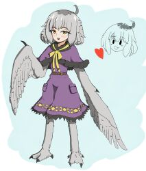 Rule 34 | 1girl, 21stimp, absurdres, ahoge, bird legs, blush, borrowed character, capelet, commentary, dress, english commentary, feathered wings, grey feathers, grey hair, grey wings, harpy, heart, highres, looking at viewer, medium hair, mono (sifserf), monster girl, open mouth, original, owl girl, purple dress, talons, winged arms, wings, yellow eyes