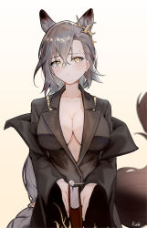 Rule 34 | 1girl, animal ears, arknights, black jacket, blush, book, breasts, brown hair, cleavage, suit jacket, elsi, extra ears, gradient background, hair between eyes, highres, holding, holding book, jacket, lapels, large breasts, long hair, naked jacket, no bra, no shirt, open clothes, open jacket, penance (arknights), simple background, solo, tail, upper body, very long hair, wolf ears, wolf girl, wolf tail, yellow eyes