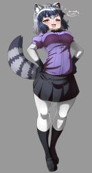 Rule 34 | 1girl, absurdres, animal ears, artist name, black bow, black bowtie, black hair, black skirt, blush, bodystocking, bow, bowtie, breast pocket, breasts, brown eyes, commentary, common raccoon (kemono friends), eroartdraw, fang, full body, fur collar, grey background, grey hair, half-closed eyes, hands on own hips, highres, kemono friends, layered sleeves, leaning back, long sleeves, looking at viewer, medium breasts, medium hair, miniskirt, open mouth, pantyhose, pocket, purple shirt, raccoon ears, raccoon girl, raccoon tail, shirt, shoes, short over long sleeves, short sleeves, simple background, skirt, smile, smug, socks, solo, sparkle, standing, stretching, tail, taut clothes, taut shirt, v-shaped eyebrows, white hair
