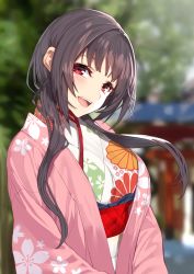 Rule 34 | 1girl, black hair, blunt bangs, blurry, blurry background, blush, day, furisode, highres, japanese clothes, kimono, long hair, looking at viewer, obi, open mouth, original, outdoors, red eyes, sash, solo, torii, yappen