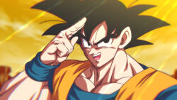 Rule 34 | 1boy, :d, black eyes, black hair, blurry, blurry background, dougi, dragon ball, dragon ball super, dragon ball super broly, instant transmission, looking at viewer, male focus, open mouth, outdoors, rom (20), sky, smile, solo, son goku, upper body