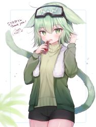 Rule 34 | 1girl, animal ears, bad id, bad pixiv id, bike shorts, black shorts, blush, bottle, cat ears, cat girl, cat tail, commentary request, copyright request, cowboy shot, drink, goggles, goggles on head, green eyes, green hair, green jacket, green sweater, hand in own hair, hands up, highres, holding, holding bottle, jacket, long sleeves, looking at viewer, open clothes, open jacket, open mouth, outside border, rucaco, short hair, shorts, signature, solo, sweater, tail, towel, towel around neck, turtleneck, turtleneck sweater, vrchat, white background