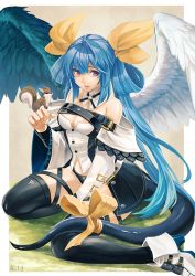 Rule 34 | 1girl, asymmetrical wings, binsuke, black panties, black thighhighs, bow, breasts, cleavage, dizzy (guilty gear), female focus, guilty gear, guilty gear xrd, large breasts, monster girl, panties, ribbon, sitting, solo, squirrel, tail, tail bow, tail ornament, tail ribbon, thighhighs, underwear, wings