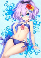 Rule 34 | 1girl, azur lane, bare arms, bare legs, bare shoulders, bikini, black ribbon, blue background, blue bow, blue eyes, bow, bracelet, breasts, commentary request, criss-cross halter, feet out of frame, flower, hair between eyes, hair flower, hair ornament, hair ribbon, halterneck, hijikawa arashi, javelin (azur lane), jewelry, looking at viewer, midriff, navel, o-ring, o-ring bikini, pink bow, ponytail, purple hair, red flower, ribbon, short hair, simple background, small breasts, smile, solo, swimsuit, thighs, underboob, yellow flower