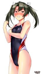 Rule 34 | 1girl, black one-piece swimsuit, blush, breasts, clenched teeth, commentary request, competition swimsuit, covered navel, cowboy shot, embarrassed, green eyes, grey hair, highres, kantai collection, long hair, looking at viewer, one-piece swimsuit, simple background, small breasts, solo, swimsuit, tears, teeth, trembling, tsuchimiya, twintails, white background, zuikaku (kancolle)