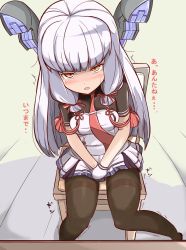 Rule 34 | 10s, 1girl, between legs, black pantyhose, blush, breasts, chair, dress, from above, gloves, hair ornament, hair ribbon, half-closed eyes, hand between legs, have to pee, headgear, highres, kantai collection, long hair, looking up, murakumo (kancolle), muroi (fujisan0410), necktie, open mouth, orange eyes, own hands together, pantyhose, pleated dress, red necktie, red ribbon, ribbon, saliva, short sleeves, silver hair, simple background, sitting, small breasts, solo, strapless, strapless dress, sweat, tears, text focus, thighband pantyhose, translated, trembling, white background, white dress, white gloves