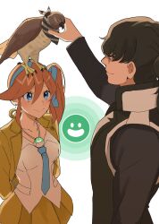 Rule 34 | 1boy, 1girl, ace attorney, animal, animal on head, arms behind back, athena cykes, bird, bird on head, black coat, black hair, blue eyes, blue necktie, blue ribbon, closed mouth, coat, collarbone, collared shirt, crescent, crescent earrings, cropped jacket, earrings, gumi (gelatin), hair between eyes, hair ribbon, hawk, highres, jacket, jewelry, long sleeves, looking at another, necklace, necktie, on head, open clothes, open jacket, orange hair, petting, ribbon, shirt, side ponytail, simon blackquill, single earring, skirt, smile, taka (ace attorney), white background, white shirt, yellow jacket, yellow skirt