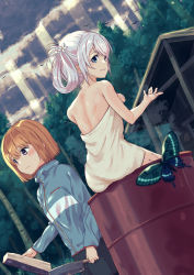 Rule 34 | 2girls, aoba chika, bug, butterfly, drum (container), flower, hair flower, hair ornament, hair rings, highres, insect, jumpsuit, magia record: mahou shoujo madoka magica gaiden, mahou shoujo madoka magica, miura asahi, multiple girls, naked towel, nanakamado, orange hair, outdoors, short hair, tagme, towel, tree, white hair