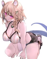 Rule 34 | 1girl, animal ear fluff, animal ears, arknights, bare shoulders, bikini, bikini top only, black shorts, blonde hair, blush, braid, breasts, cleavage, closed mouth, hair ornament, hairclip, highres, jewelry, kneeling, kochiya (gothope), large breasts, long hair, looking at viewer, necklace, pink eyes, sandals, shorts, simple background, smile, solo, striped bikini, striped clothes, swimsuit, tail, twin braids, utage (arknights), utage (summer flowers) (arknights), vertical-striped bikini, vertical-striped clothes, white background, x hair ornament