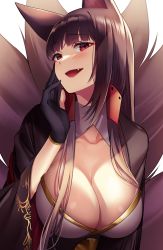 Rule 34 | 1girl, :d, akagi (azur lane), animal ears, azur lane, black gloves, blunt bangs, blush, breasts, brown hair, cleavage, collarbone, commentary request, eyeshadow, fang, fox ears, fox girl, fox tail, gloves, hand on own cheek, hand on own face, large breasts, long hair, long sleeves, looking at viewer, makeup, multiple tails, omochimochi, open mouth, partially fingerless gloves, red eyes, smile, solo, tail, upper body, wide sleeves