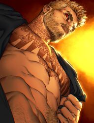 Rule 34 | 1boy, abs, bara, bare pectorals, beard, black nails, chest tattoo, colored sclera, facial hair, from below, full beard, highres, large pectorals, looking ahead, male focus, mature male, movd art, muscular, muscular male, navel, nipples, original, pectorals, perspective, red sclera, serious, short hair, solo, sparse navel hair, stomach, streaked beard, tattoo, thick beard, thick eyebrows, tsurime, upper body, veiny crotch