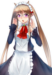 Rule 34 | 10s, 1girl, animal ears, apron, blush, brown hair, detached sleeves, dress, elf, glasses, highres, long hair, looking at viewer, maid, maid apron, maid headdress, myucel foalan, open mouth, outbreak company, pointy ears, purple eyes, solo, swordwaltz, twintails, very long hair, white background