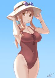 Rule 34 | 1girl, blue background, blush, breasts, brown eyes, brown hair, check commentary, cleavage, commentary request, earrings, eyebrows, hat, highres, jewelry, large breasts, long hair, looking at viewer, matsumoto yoriko, one-piece swimsuit, ponytail, simple background, solo, standing, sun hat, sunglasses, swimsuit, umiroku, yuyushiki
