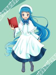 Rule 34 | artist request, beret, blue eyes, blue hair, boots, capelet, dress, gradient hair, green background, hat, highres, kantai collection, long hair, looking at viewer, multicolored hair, musical note, samidare (kancolle), very long hair, white capelet, white dress