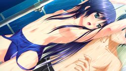Rule 34 | 1boy, 1girl, amasaka takashi, armpits, arms up, black hair, blue eyes, blush, breasts, clothes pull, competition swimsuit, faceless, faceless male, game cg, koimekuri clover, long hair, mixed-sex bathing, navel, nipples, one-piece swimsuit, one-piece swimsuit pull, open mouth, sakanoue mikana, shared bathing, showering, small breasts, swimsuit