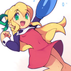 Rule 34 | 1girl, :d, arm up, blonde hair, commentary request, covered navel, dress, green eyes, green ribbon, hair ribbon, long hair, looking at viewer, mega man (classic), mega man (series), metata, open mouth, ponytail, red dress, ribbon, roll (mega man), smile, solo, white background