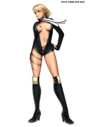 Rule 34 | 1girl, black footwear, black gloves, black legwear, blonde hair, bodysuit, boots, breast tattoo, breasts, breasts apart, center opening, clothes writing, english text, full body, gloves, green eyes, hand on own hip, high heel boots, high heels, hinomoto reiko, knee boots, knee pads, konami, large breasts, leotard, looking to the side, mole, mole on breast, navel, no bra, open clothes, rowdy reiko, rumble roses, ryu (ryu&#039;s form site), scarf, shoes, short hair, simple background, snake, solo, standing, tattoo, unzipped, white background, zipper