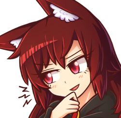 Rule 34 | 1girl, :d, animal ear fluff, animal ears, blush, brooch, brown hair, commentary, english commentary, eyelashes, hand on own chin, head tilt, imaizumi kagerou, jewelry, long hair, looking to the side, open mouth, portrait, red eyes, simple background, smile, solo, touhou, white background, wolf ears, wool (miwol)